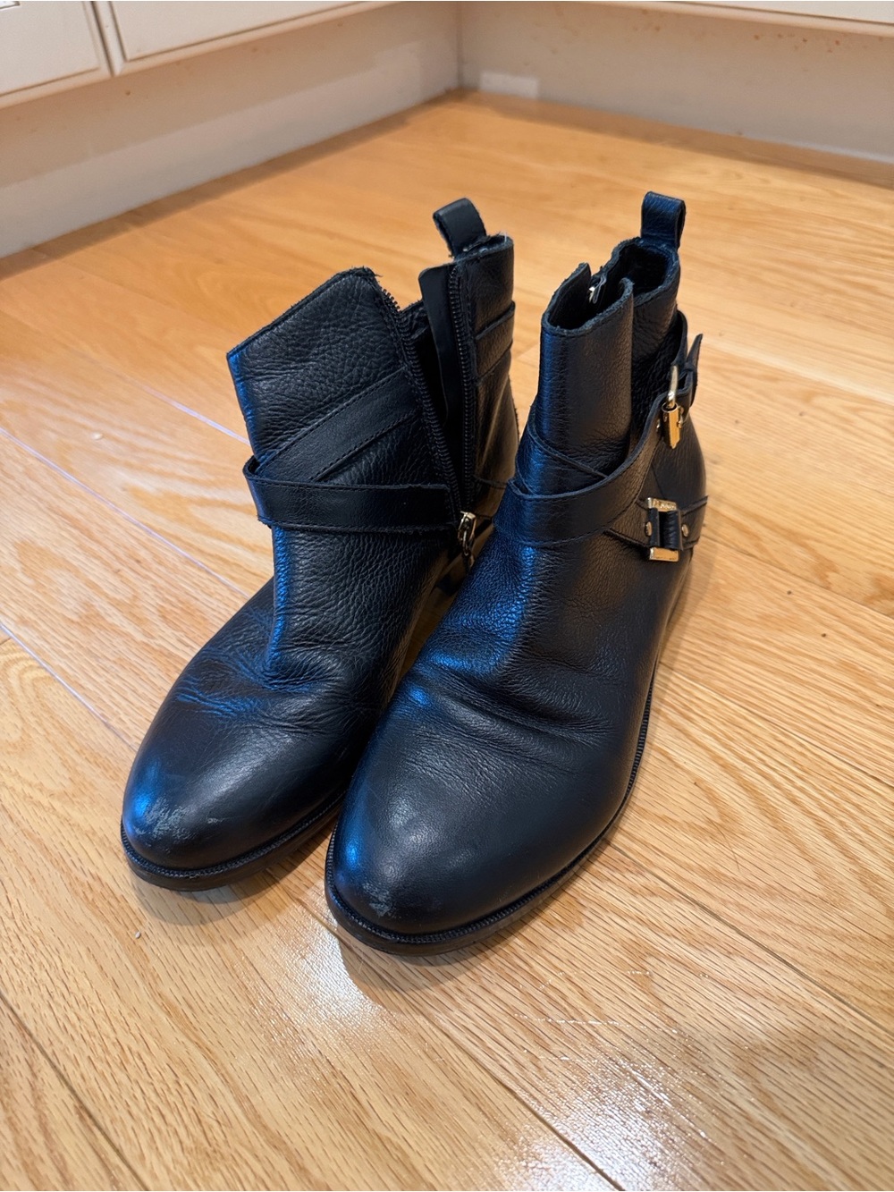 C. Wonder Black Leather Ankle Booties with Buckle Accent